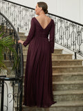 Belen A-Line/Princess Chiffon Ruched V-neck Long Sleeves Floor-Length Mother of the Bride Dresses STIP0020345