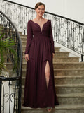 Belen A-Line/Princess Chiffon Ruched V-neck Long Sleeves Floor-Length Mother of the Bride Dresses STIP0020345