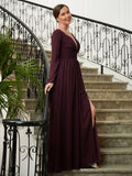 Belen A-Line/Princess Chiffon Ruched V-neck Long Sleeves Floor-Length Mother of the Bride Dresses STIP0020345