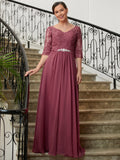 Jolie A-Line/Princess Chiffon Lace V-neck 3/4 Sleeves Floor-Length Mother of the Bride Dresses STIP0020306