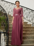 Jolie A-Line/Princess Chiffon Lace V-neck 3/4 Sleeves Floor-Length Mother of the Bride Dresses STIP0020306