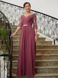 Jolie A-Line/Princess Chiffon Lace V-neck 3/4 Sleeves Floor-Length Mother of the Bride Dresses STIP0020306