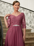 Jolie A-Line/Princess Chiffon Lace V-neck 3/4 Sleeves Floor-Length Mother of the Bride Dresses STIP0020306