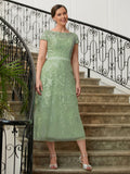 Deborah A-Line/Princess Tulle Lace Scoop Short Sleeves Tea-Length Mother of the Bride Dresses STIP0020318