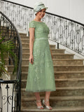 Deborah A-Line/Princess Tulle Lace Scoop Short Sleeves Tea-Length Mother of the Bride Dresses STIP0020318