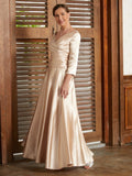 Khloe A-Line/Princess Elastic Woven Satin Ruched V-neck 3/4 Sleeves Ankle-Length Mother of the Bride Dresses STIP0020362