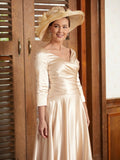 Khloe A-Line/Princess Elastic Woven Satin Ruched V-neck 3/4 Sleeves Ankle-Length Mother of the Bride Dresses STIP0020362