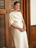 Jordan A-Line/Princess Charmeuse Ruched Off-the-Shoulder 1/2 Sleeves Tea-Length Mother of the Bride Dresses STIP0020363