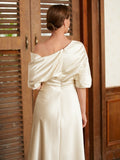 Jordan A-Line/Princess Charmeuse Ruched Off-the-Shoulder 1/2 Sleeves Tea-Length Mother of the Bride Dresses STIP0020363