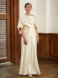 Jasmine Sheath/Column Charmeuse Ruched Off-the-Shoulder Short Sleeves Floor-Length Mother of the Bride Dresses STIP0020309