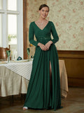 Vivienne A-Line/Princess Jersey Beading V-neck Long Sleeves Sweep/Brush Train Mother of the Bride Dresses STIP0020357