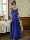 Elsa A-Line/Princess Satin Applique V-neck Long Sleeves Floor-Length Mother of the Bride Dresses STIP0020358