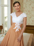 Mattie A-Line/Princess Chiffon Lace V-neck Sleeveless Tea-Length Mother of the Bride Dresses STIP0020364