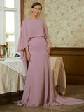 Kayden Sheath/Column Chiffon Ruffles Scoop Long Sleeves Sweep/Brush Train Mother of the Bride Dresses STIP0020360