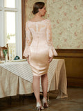 Stella Sheath/Column Satin Lace Scoop Long Sleeves Knee-Length Mother of the Bride Dresses STIP0020315