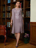 Annabel Sheath/Column Chiffon Lace Scoop Short Sleeves Knee-Length Mother of the Bride Dresses STIP0020316