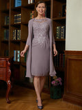 Annabel Sheath/Column Chiffon Lace Scoop Short Sleeves Knee-Length Mother of the Bride Dresses STIP0020316