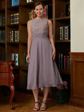 Valery A-Line/Princess Chiffon Lace Scoop Sleeveless Tea-Length Mother of the Bride Dresses STIP0020366