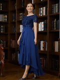 Marie A-Line/Princess Chiffon Applique Bateau Short Sleeves Asymmetrical Mother of the Bride Dresses STIP0020281