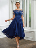 Angelina A-Line/Princess Chiffon Applique Bateau 1/2 Sleeves Tea-Length Mother of the Bride Dresses STIP0020279