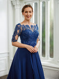 Angelina A-Line/Princess Chiffon Applique Bateau 1/2 Sleeves Tea-Length Mother of the Bride Dresses STIP0020279