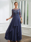 Karen A-Line/Princess Chiffon Applique Bateau 3/4 Sleeves Floor-Length Mother of the Bride Dresses STIP0020266