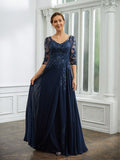 Lillian A-Line/Princess Chiffon Applique V-neck 3/4 Sleeves Floor-Length Mother of the Bride Dresses STIP0020267