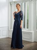 Lillian A-Line/Princess Chiffon Applique V-neck 3/4 Sleeves Floor-Length Mother of the Bride Dresses STIP0020267