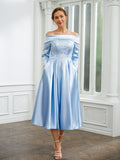 Abbigail A-Line/Princess Elastic Woven Satin Ruched Off-the-Shoulder Long Sleeves Tea-Length Mother of the Bride Dresses STIP0020269