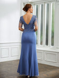 June Sheath/Column Chiffon Applique Bateau Short Sleeves Floor-Length Mother of the Bride Dresses STIP0020272