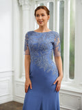 June Sheath/Column Chiffon Applique Bateau Short Sleeves Floor-Length Mother of the Bride Dresses STIP0020272