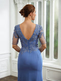 June Sheath/Column Chiffon Applique Bateau Short Sleeves Floor-Length Mother of the Bride Dresses STIP0020272