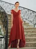 Clarissa A-Line/Princess Chiffon Ruched V-neck Short Sleeves Asymmetrical Mother of the Bride Dresses STIP0020273