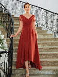 Clarissa A-Line/Princess Chiffon Ruched V-neck Short Sleeves Asymmetrical Mother of the Bride Dresses STIP0020273