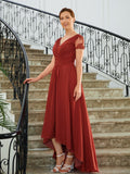 Clarissa A-Line/Princess Chiffon Ruched V-neck Short Sleeves Asymmetrical Mother of the Bride Dresses STIP0020273