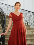 Clarissa A-Line/Princess Chiffon Ruched V-neck Short Sleeves Asymmetrical Mother of the Bride Dresses STIP0020273