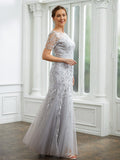 Zoe A-Line/Princess Tulle Ruched Bateau Short Sleeves Ankle-Length Mother of the Bride Dresses STIP0020261