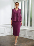 Isabelle Sheath/Column Chiffon Applique V-neck Sleeveless Tea-Length Mother of the Bride Dresses STIP0020263