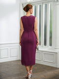 Isabelle Sheath/Column Chiffon Applique V-neck Sleeveless Tea-Length Mother of the Bride Dresses STIP0020263