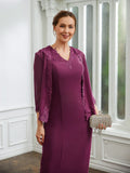 Isabelle Sheath/Column Chiffon Applique V-neck Sleeveless Tea-Length Mother of the Bride Dresses STIP0020263