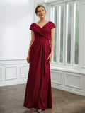 Liana Sheath/Column Jersey Ruched V-neck Short Sleeves Floor-Length Mother of the Bride Dresses STIP0020252