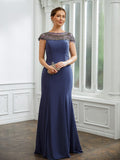 Rosalie Sheath/Column Chiffon Beading Bateau Short Sleeves Floor-Length Mother of the Bride Dresses STIP0020253