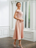 Nylah A-Line/Princess Satin Applique Off-the-Shoulder Sleeveless Tea-Length Mother of the Bride Dresses STIP0020255