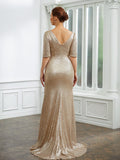 Susanna Sheath/Column Sequins Ruched 1/2 Sleeves Sweep/Brush Train Mother of the Bride Dresses STIP0020248