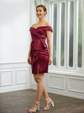 Madison Sheath/Column Elastic Woven Satin Ruched Off-the-Shoulder Sleeveless Short/Mini Mother of the Bride Dresses STIP0020250