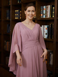 Valentina A-Line/Princess Chiffon Ruched V-neck 3/4 Sleeves Floor-Length Mother of the Bride Dresses STIP0020251