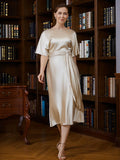 Clare Sheath/Column Elastic Woven Satin Ruched Scoop Short Sleeves Tea-Length Mother of the Bride Dresses STIP0020242