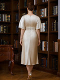 Clare Sheath/Column Elastic Woven Satin Ruched Scoop Short Sleeves Tea-Length Mother of the Bride Dresses STIP0020242