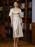 Clare Sheath/Column Elastic Woven Satin Ruched Scoop Short Sleeves Tea-Length Mother of the Bride Dresses STIP0020242