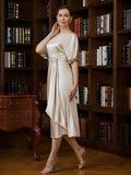 Clare Sheath/Column Elastic Woven Satin Ruched Scoop Short Sleeves Tea-Length Mother of the Bride Dresses STIP0020242